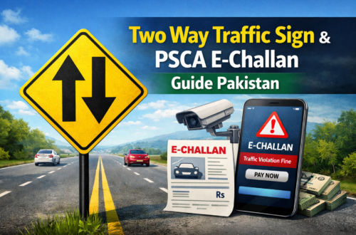 Learn the two way traffic sign meaning, test questions, rules in Pakistan, and how violations lead to PSCA e-challan fines. Complete guide 2026.